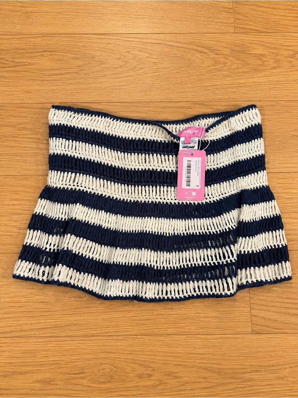Edikted Navy and White Striped Crochet Mini Skirt